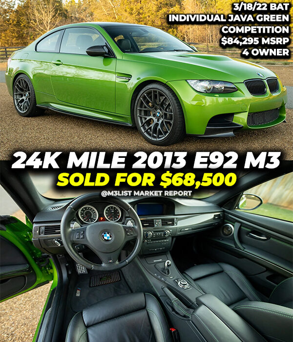 24k mile Java Green E92 M3 sells for $68,500!