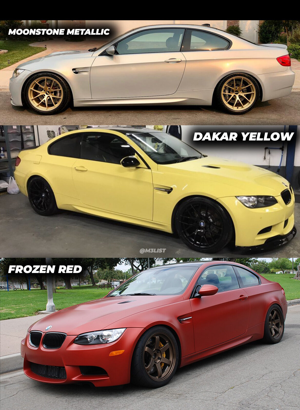 E92 M3 Individual colors Moonstone Metallic Dakar Yellow Frozen Red