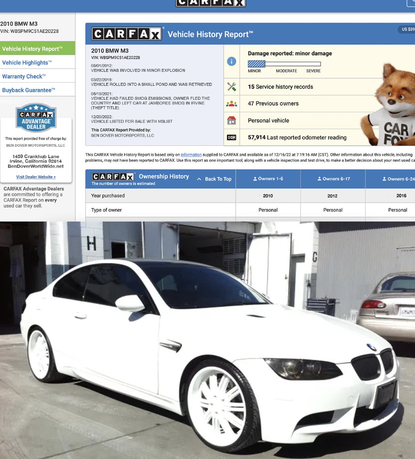 Most previous owners on a CarFax report? 47 owners…