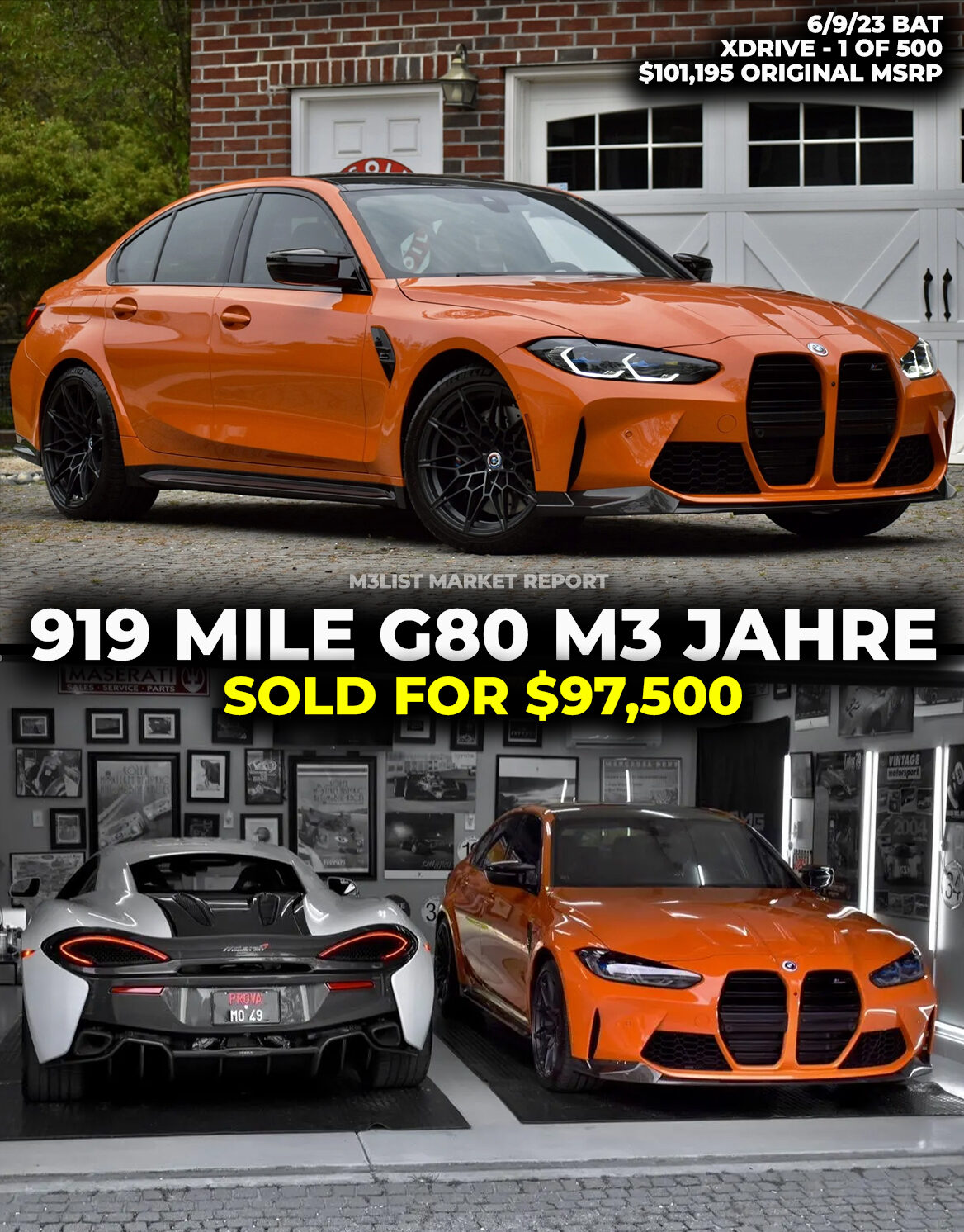 2023 BMW G80 M3 JAHRE sells for $97,500 with 919 miles! M3List Market Report.