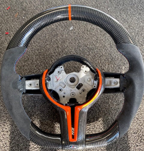 carbon fiber steering wheel bmw f80 m3 orange accents center racing stripe alcantara stitching Mashimarho m3list