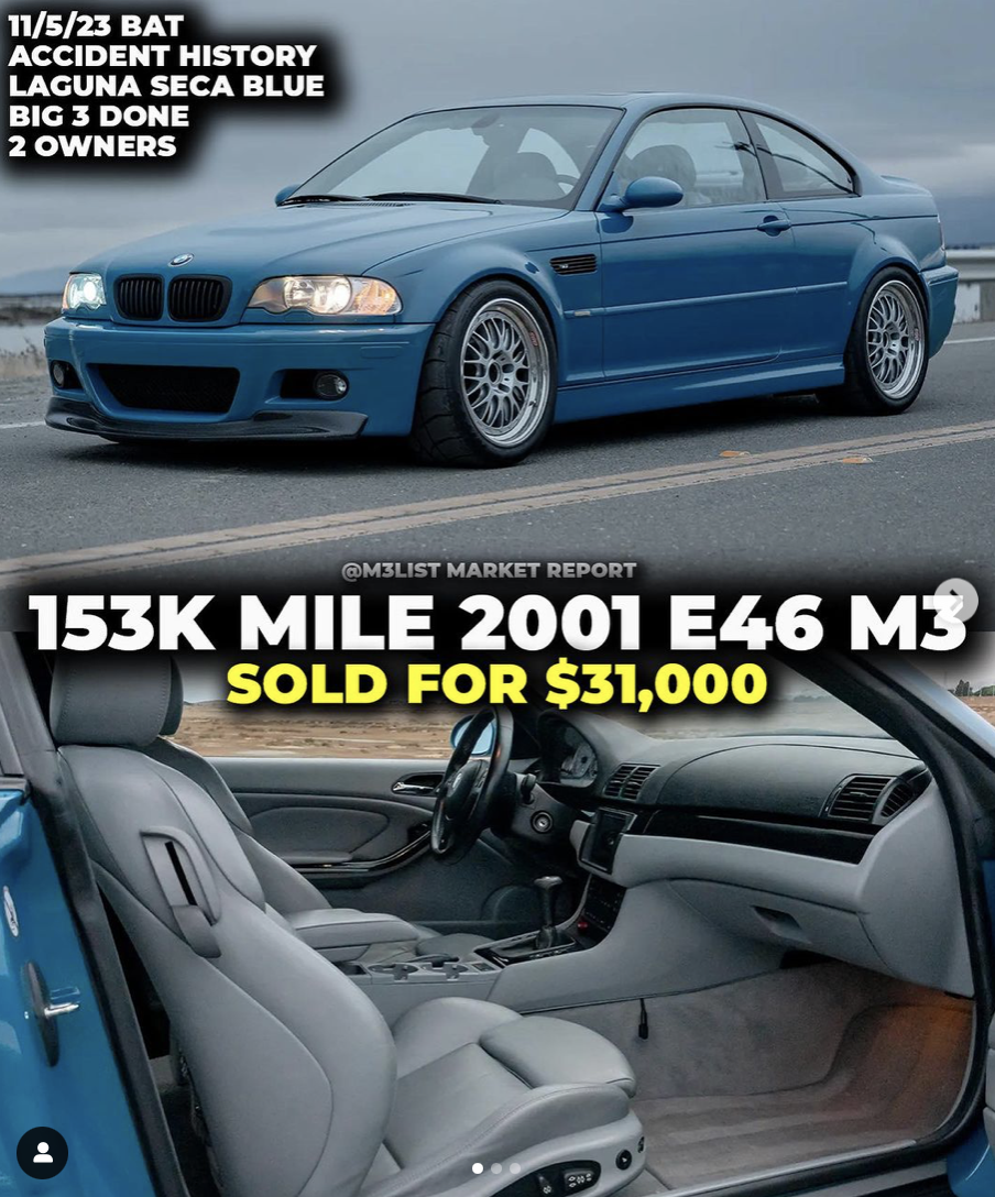 Laguna Seca Blue BMW E46 M3 sells for $31,000 in 2023 with 153k miles with an accident