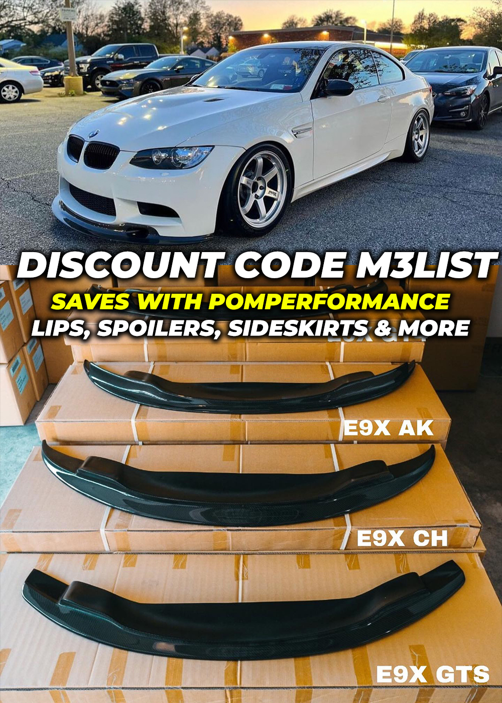 POM Performance discount code 2024 for carbon fiber GT4 lips, sideskirts, E92 M3 diffusers and more