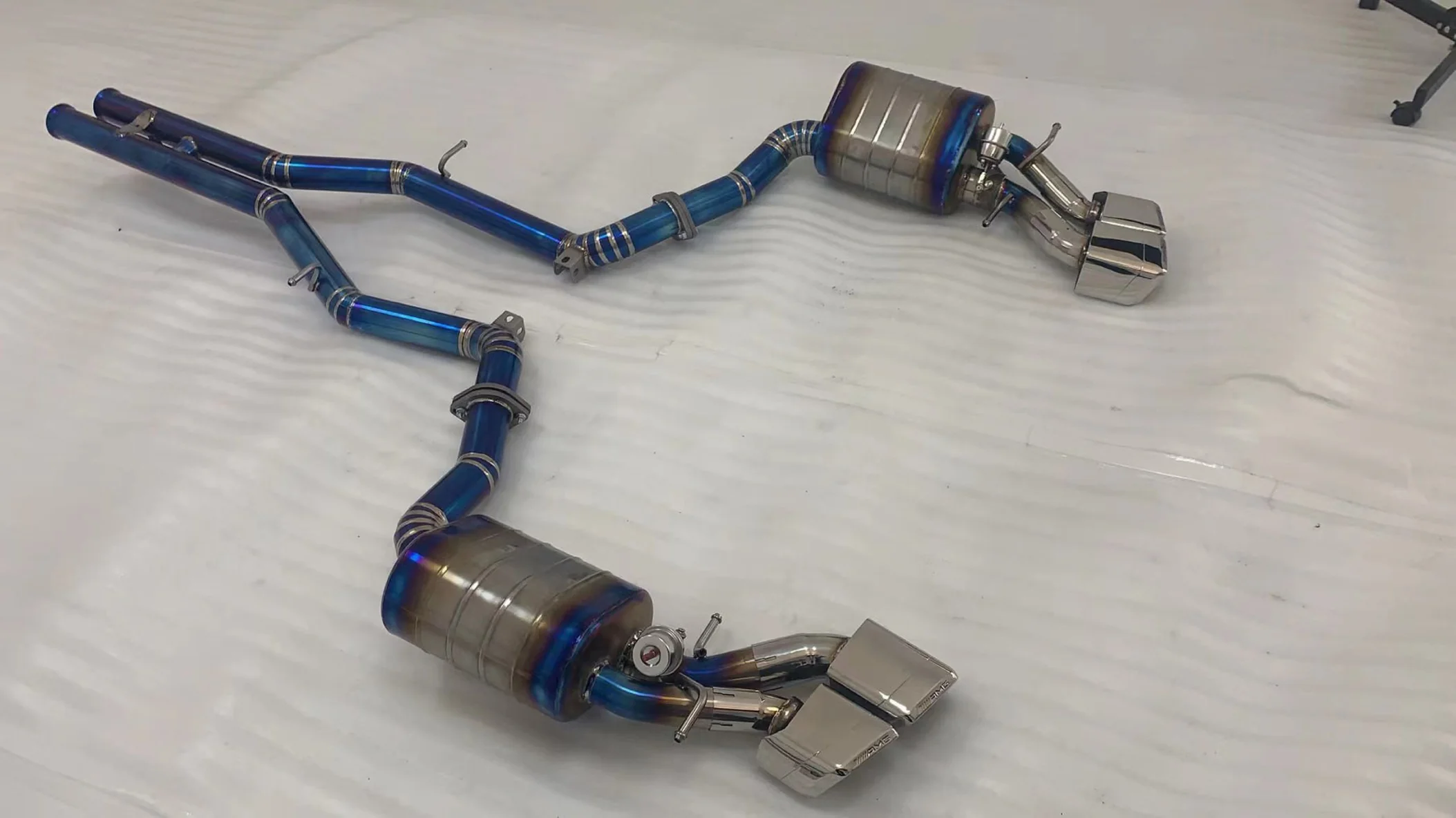 Mercedes CLS63 Valved Catback AMG butterlfy valves open close remove coupon valvedexhausts blue tips titanium SS