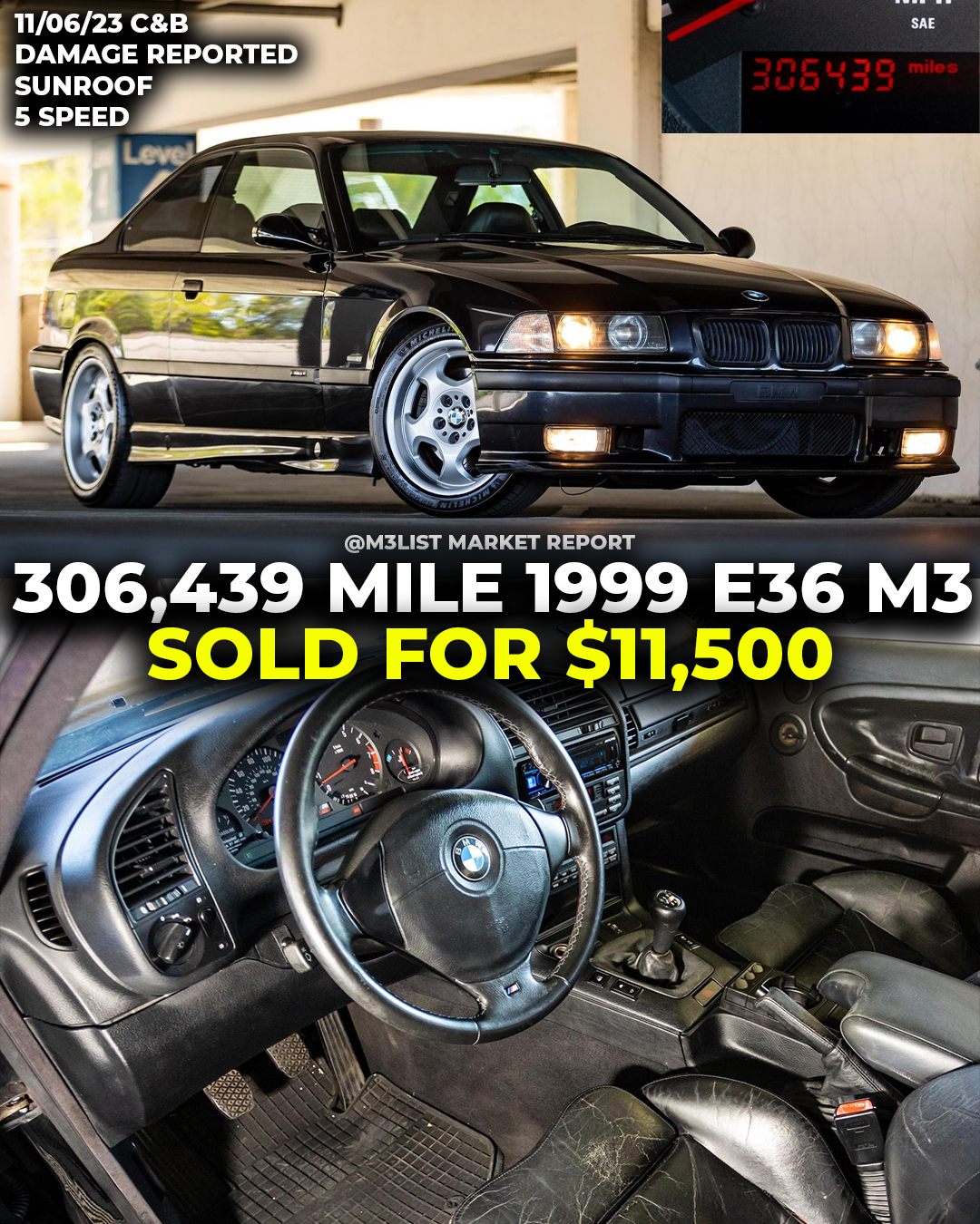 300k mile 1999 E36 M3 5 speed sold on Cars & Bids with an accident history!