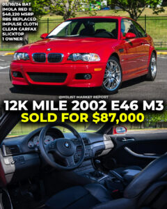 Imola Red E46 M3 low mile slicktop manual 6 speed cloth impulse interior sold bring a trailer m3list red no sunroof