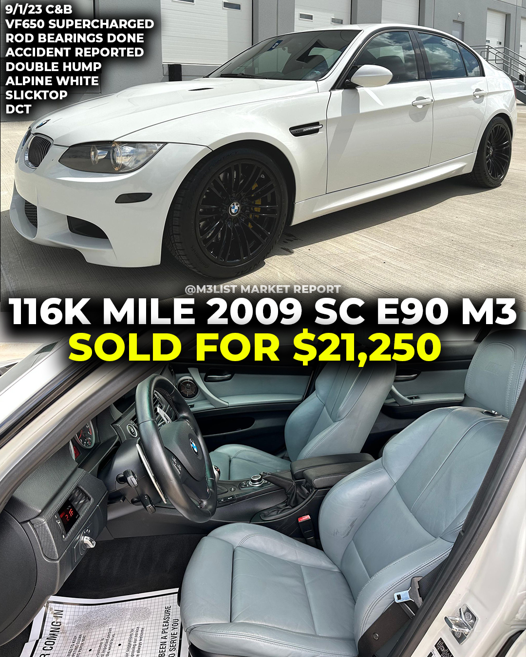 Supercharged BMW E90 M3 with 116k miles sells for $21k on Cars & Bids. Slicktop DCT!