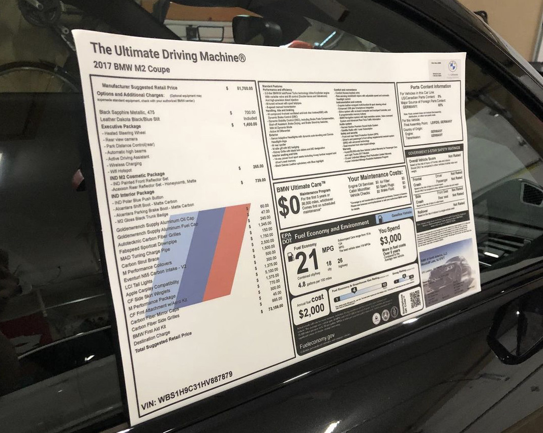 bmw m3 f80 e46 m3 e92 m3 e9x m3 f82 m4 window sticker original pricing spec sheet options list carboi creations window sticker msrp