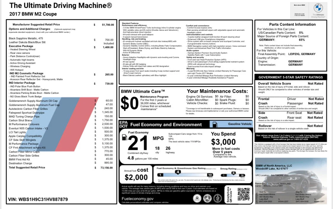 bmw m3 f80 e46 m3 e92 m3 e9x m3 f82 m4 window sticker original pricing spec sheet options list carboi creations window sticker msrp