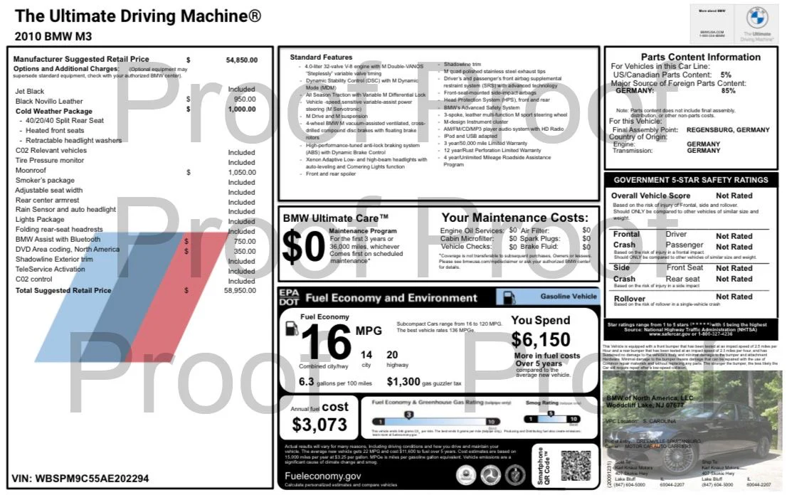 bmw m3 f80 e46 m3 e92 m3 e9x m3 f82 m4 window sticker original pricing spec sheet options list carboi creations window sticker msrp