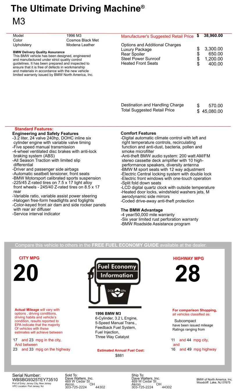 how to get your original bmw spec list msrp window sticker m3 e36 m3