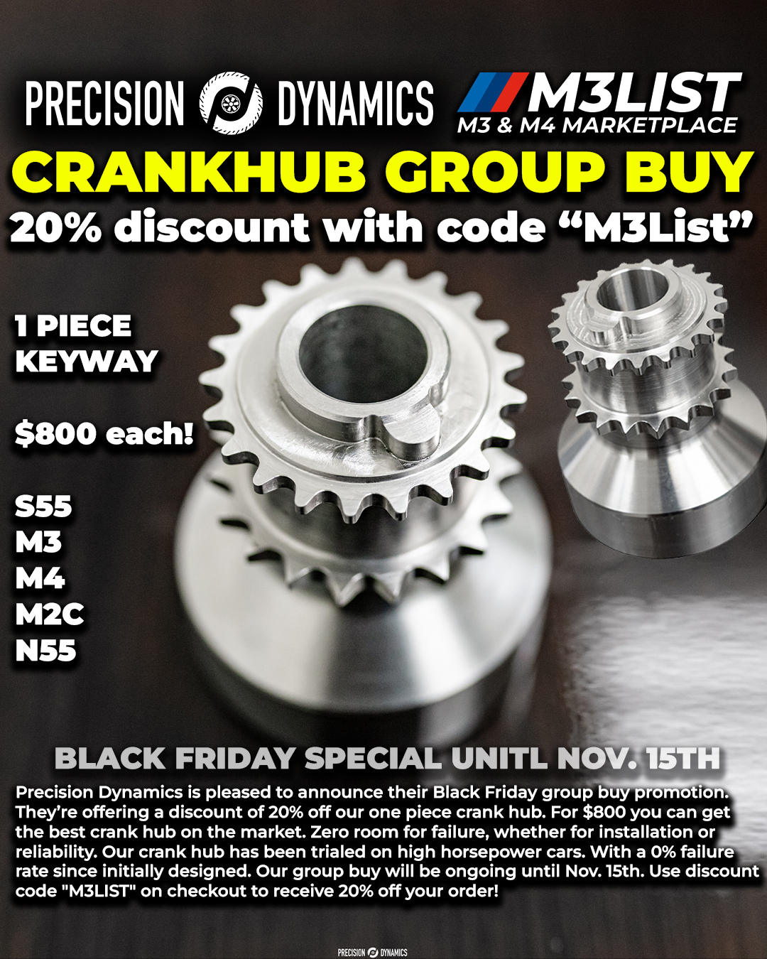 BMW Crankhub group buy with discount coupon code from Precision Dynamics!