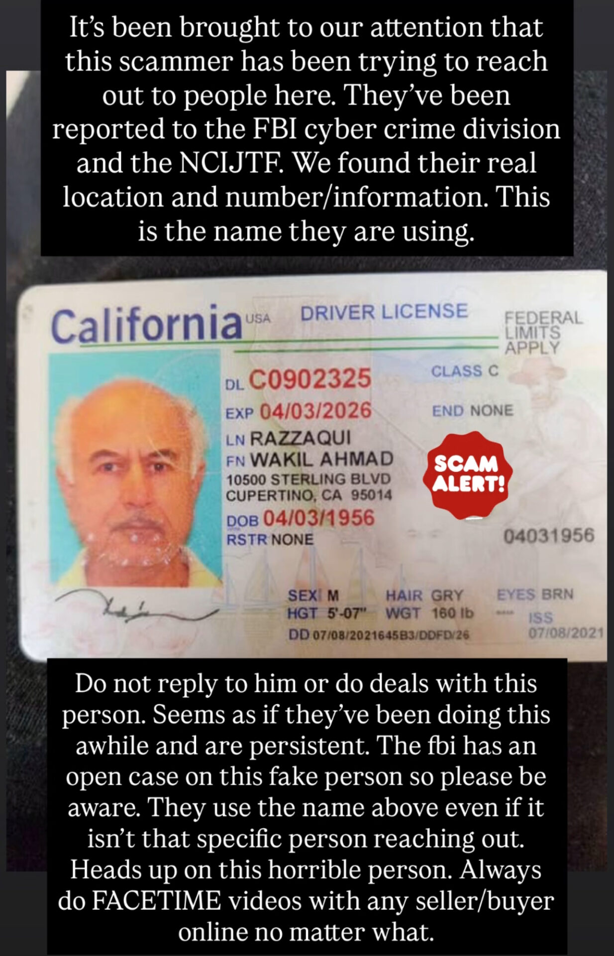 Scammer alert Razzaqui Wakil Ahmad 408 461 1490 be aware fake car buyer.
