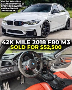 bmw f80 m3 minerał white Sakhir orange interior sold on cars and bids m3list market report damage reported DCT auction