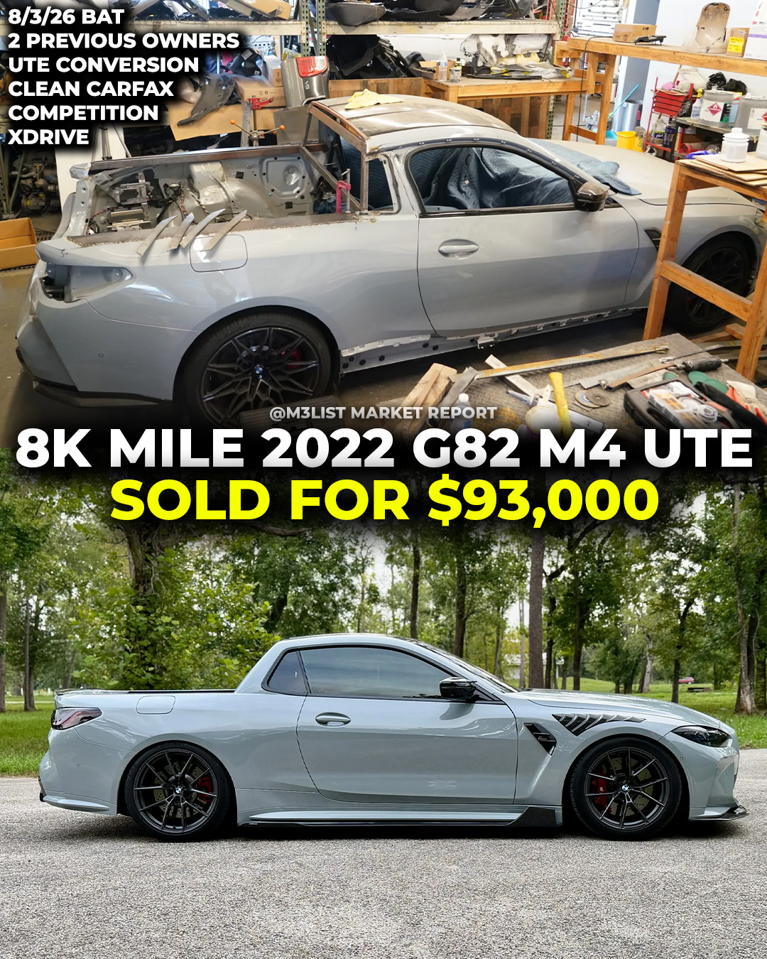 bmw truck conversion ute g82 m4 bring a trailer sold auction m3list market report converted g82m4 