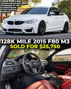 alpine white bmw f80 m3 sold cars and bids m3list market report crank hub crankhub transmission sold auction Sakhir orange