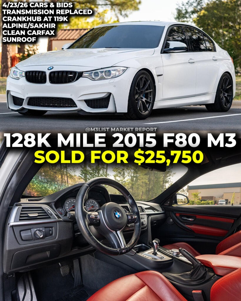 alpine white bmw f80 m3 sold cars and bids m3list market report crank hub crankhub transmission sold auction Sakhir orange