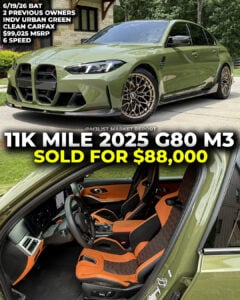 urban green bmw m3 g80 2025 sold on bring a trailer m3list market report manual transmission laser lights carbon fiber bucket seats orange interior auction