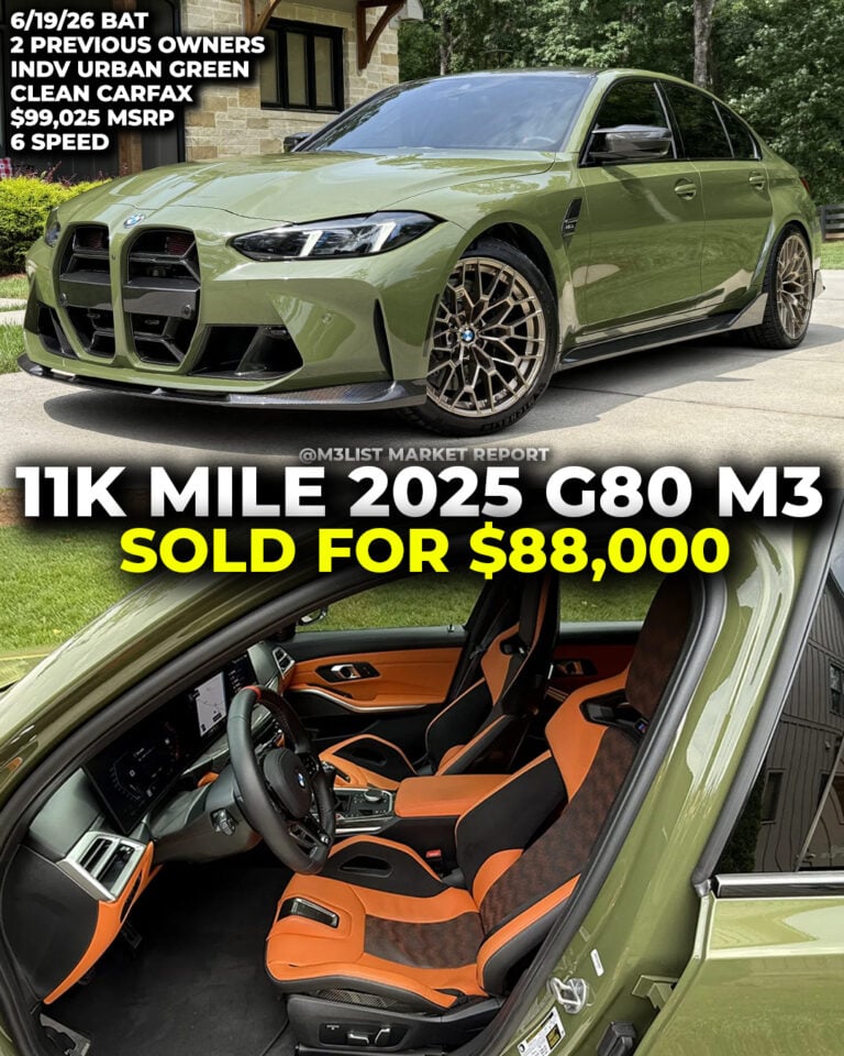 urban green bmw m3 g80 2025 sold on bring a trailer m3list market report manual transmission laser lights carbon fiber bucket seats orange interior auction