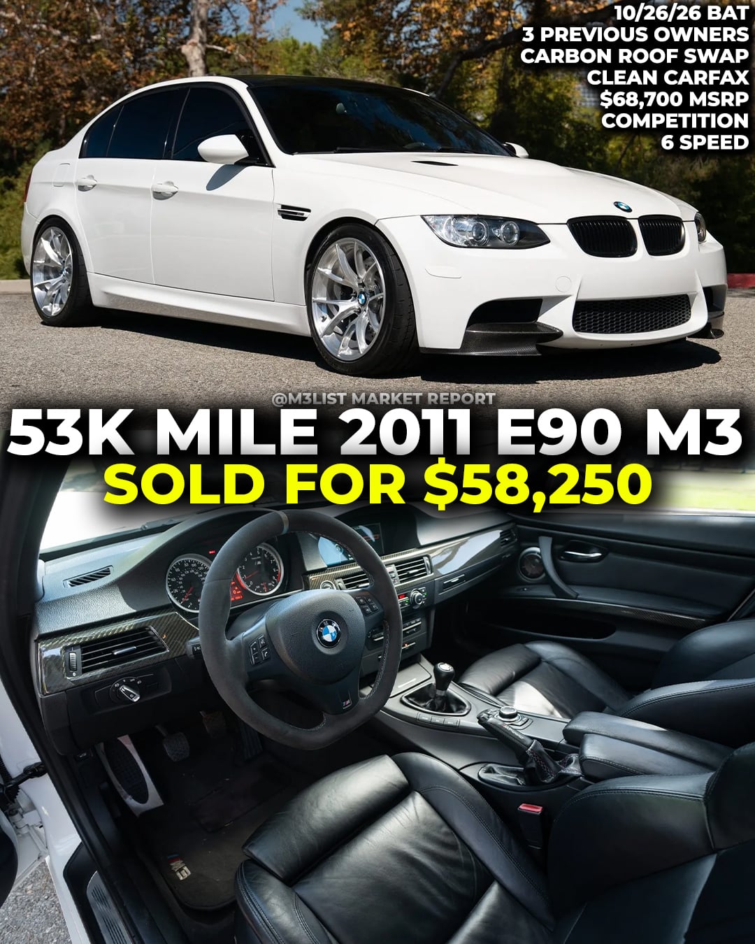 bmw e90 m3 sedan 6 speed manual bring a trailer m3list market report carbon fiber roof conversion swap