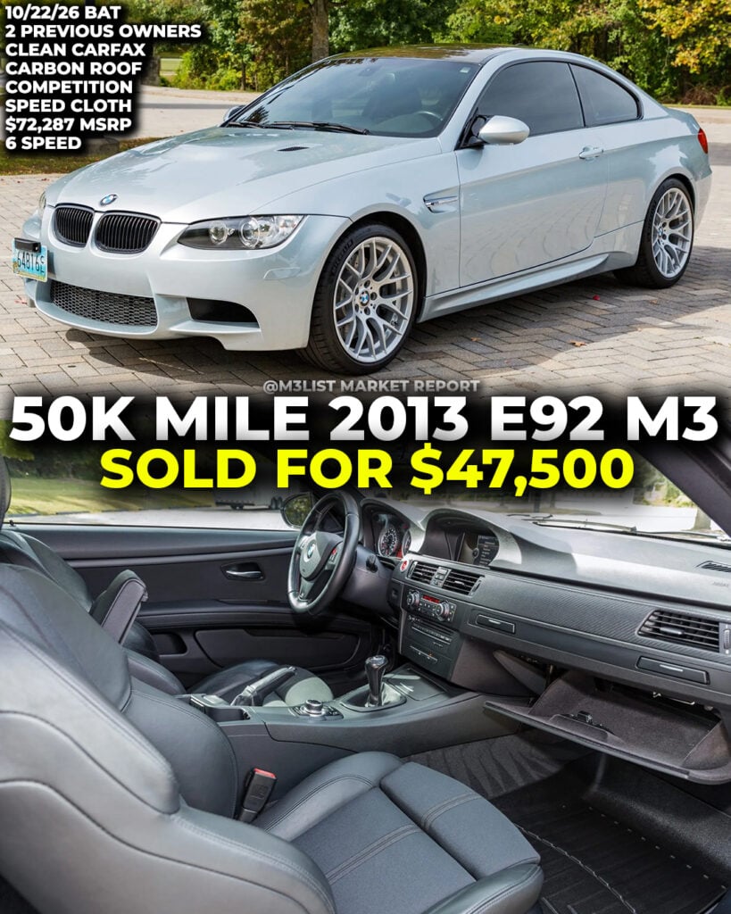 e92 m3 bmw 2013 competition speed cloth interior sold bring a trailer m3list market report auction 6 speed manual carbon fiber roof