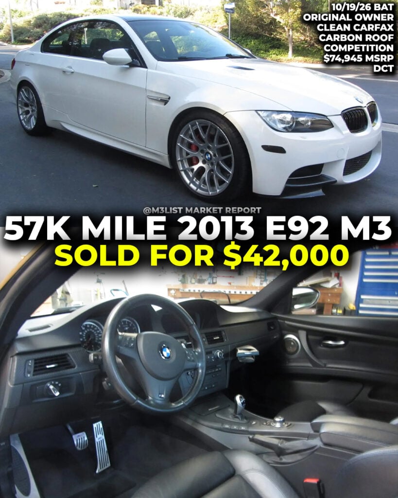alpine white bmw e92 m3 sold bring a trailer m3list market report dct competition carbon fiber roof auction