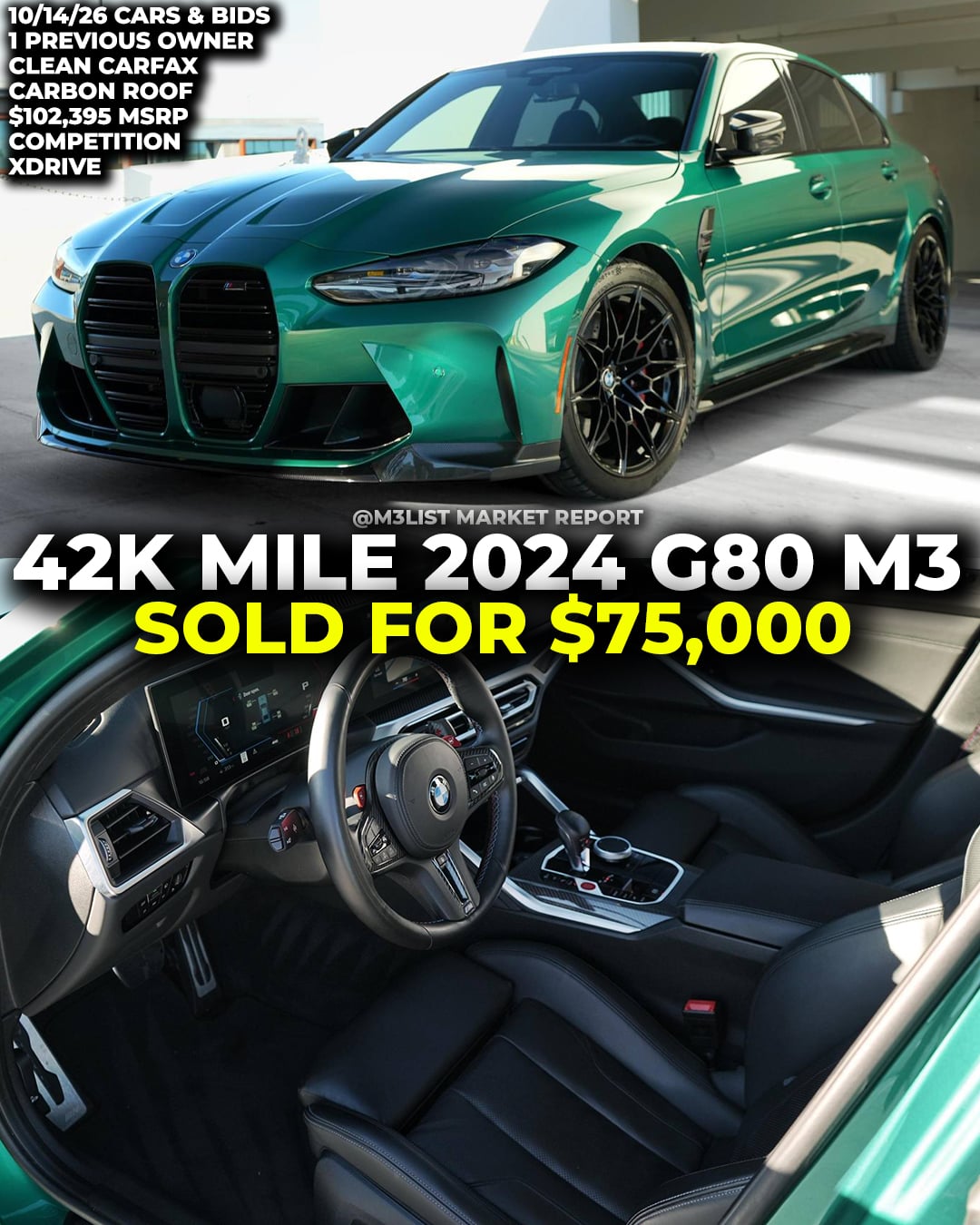 Isle of Man green g80 m3 bmw sold cars and bids m3list market report xdrive competition carbon fiber roof
