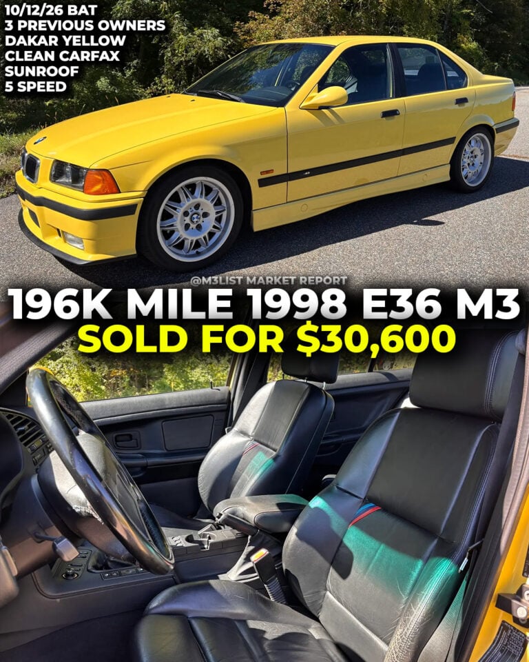 Dakar yellow bmw e36 m3 sedan four door 4 doors sold on bring a trailer m3list market report 5 speed manual