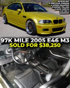 phoenix yellow bmw e46 m3 sold bring a trailer auction m3list market report 6 speed manual swapped conversion sunroof
