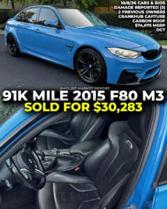 yas marina blue bmw f80 m3 sold cars and bids m3list market report damaged carfax YMB dct carbon fiber roof crank hub capture