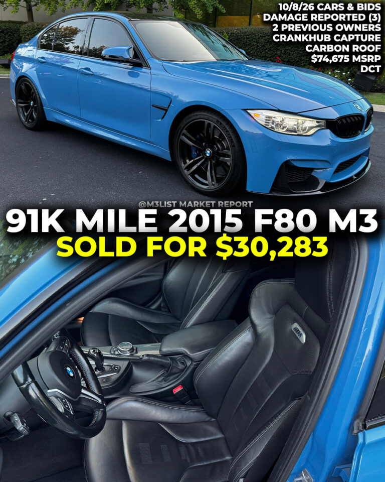 yas marina blue bmw f80 m3 sold cars and bids m3list market report damaged carfax YMB dct carbon fiber roof crank hub capture